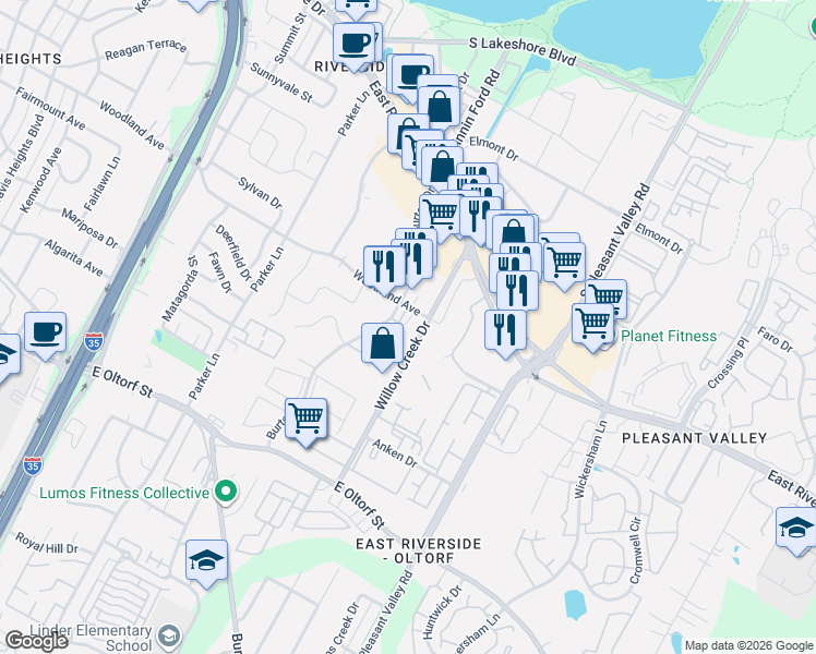 map of restaurants, bars, coffee shops, grocery stores, and more near 2221 Woodland Avenue in Austin