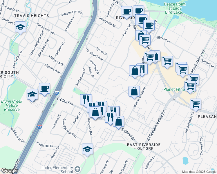 map of restaurants, bars, coffee shops, grocery stores, and more near 1906 Valley Hill Circle in Austin