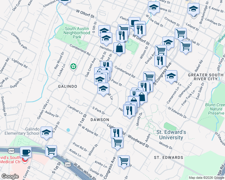 map of restaurants, bars, coffee shops, grocery stores, and more near 513 Sacramento Drive in Austin