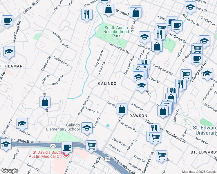 map of restaurants, bars, coffee shops, grocery stores, and more near 3015 South 5th Street in Austin