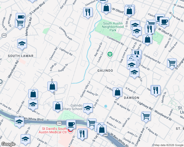map of restaurants, bars, coffee shops, grocery stores, and more near 3304 Locke Lane in Austin