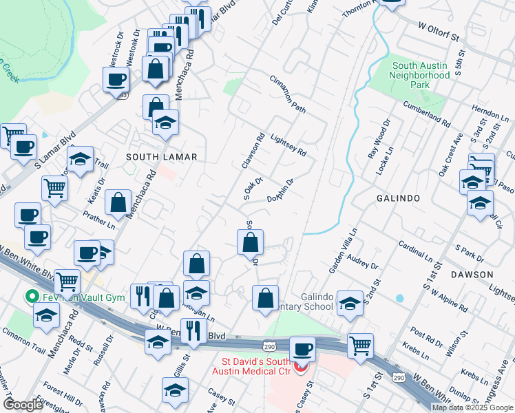 map of restaurants, bars, coffee shops, grocery stores, and more near 3406 Dolphin Drive in Austin