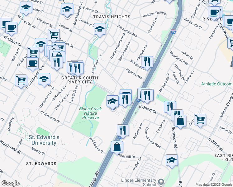 map of restaurants, bars, coffee shops, grocery stores, and more near 2210 Schriber Street in Austin