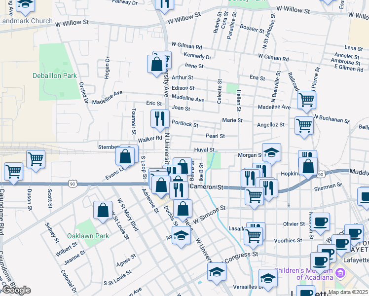 map of restaurants, bars, coffee shops, grocery stores, and more near 410 Huval Street in Lafayette