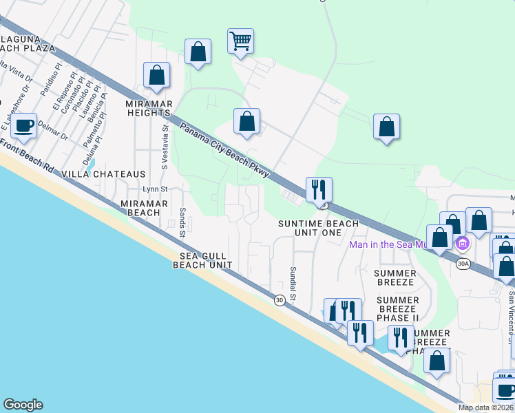 map of restaurants, bars, coffee shops, grocery stores, and more near in Panama City Beach