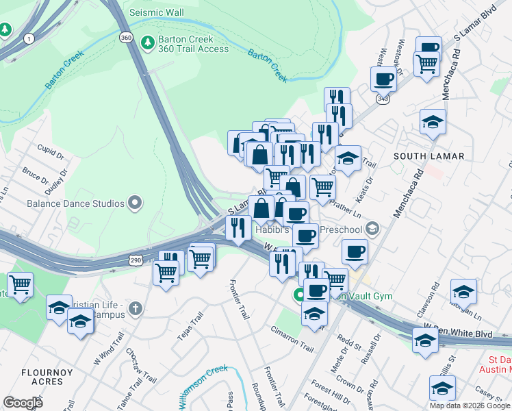 map of restaurants, bars, coffee shops, grocery stores, and more near East US Highway 290 Service Road in Austin