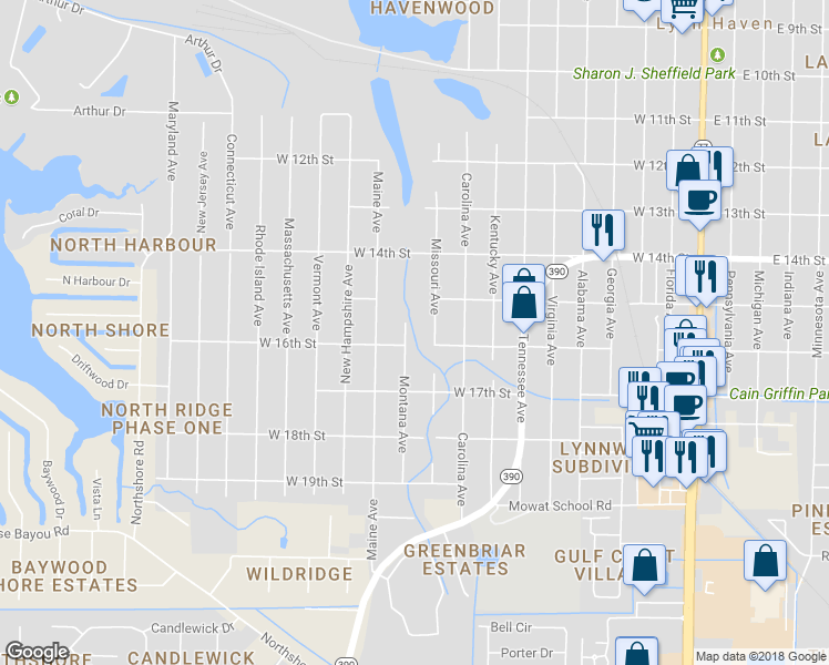 map of restaurants, bars, coffee shops, grocery stores, and more near 1511 Montana Avenue in Lynn Haven