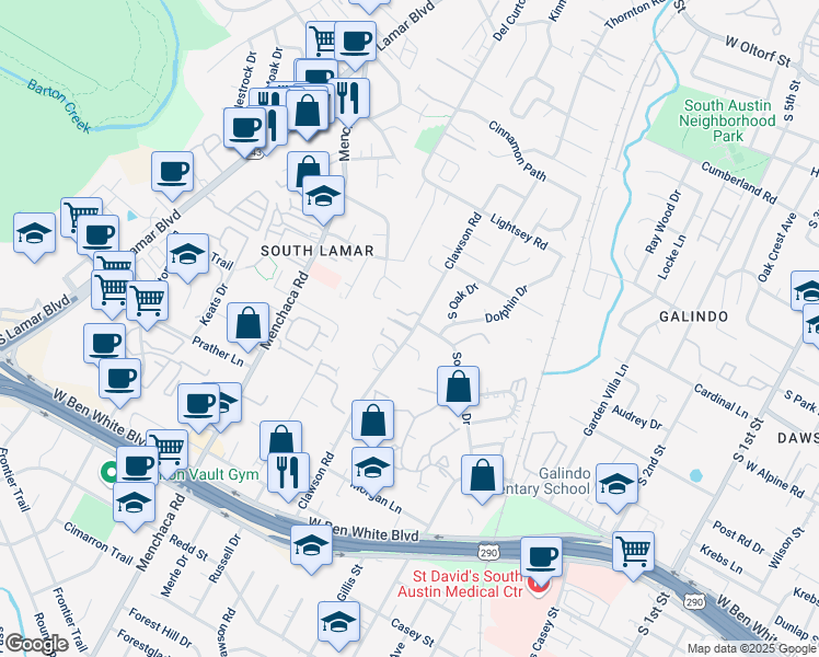 map of restaurants, bars, coffee shops, grocery stores, and more near 3504 Clawson Road in Austin