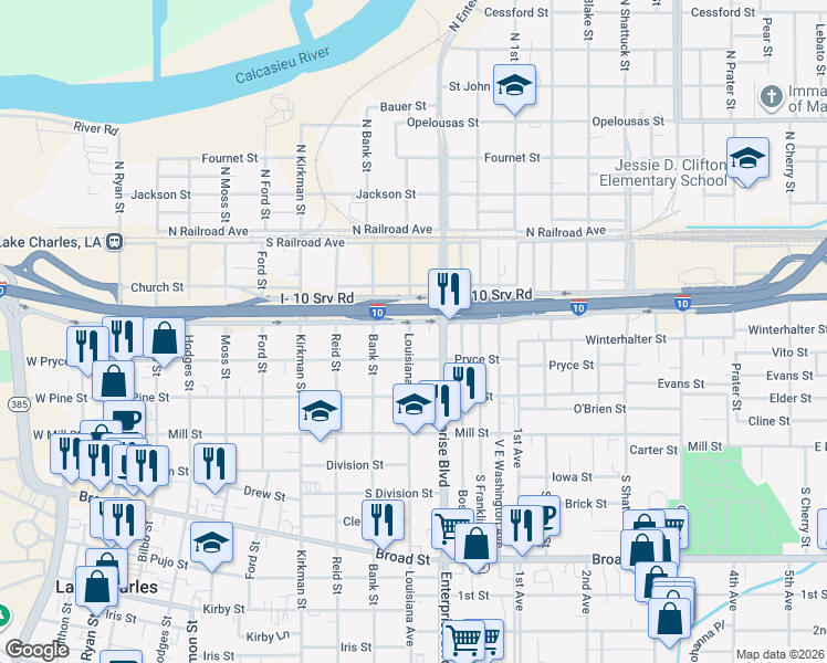 map of restaurants, bars, coffee shops, grocery stores, and more near 1101-1199 Belden St in Lake Charles