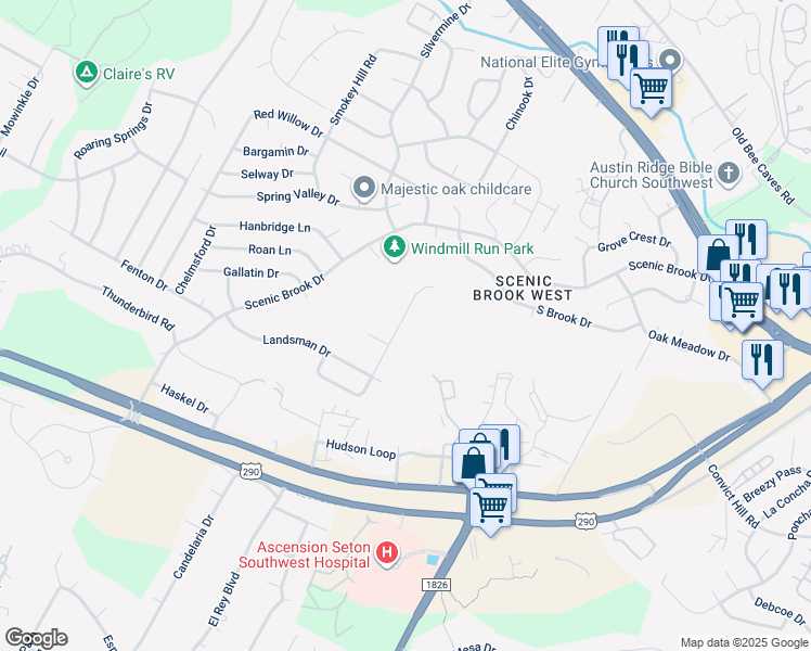map of restaurants, bars, coffee shops, grocery stores, and more near 7501 Callbram Lane in Austin