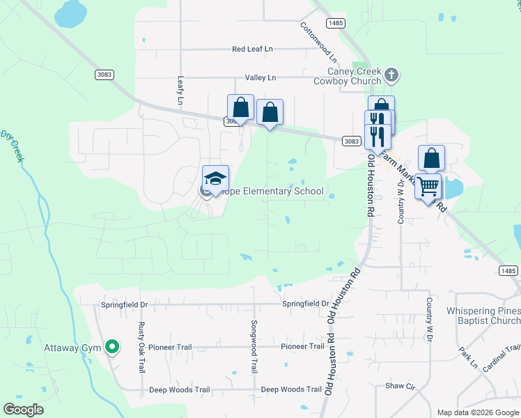 map of restaurants, bars, coffee shops, grocery stores, and more near 14816 Quinette Road in Conroe