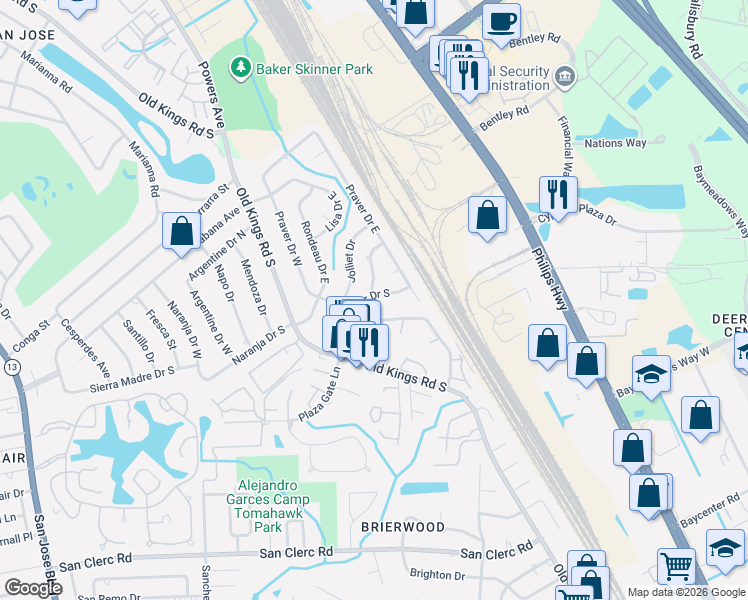 map of restaurants, bars, coffee shops, grocery stores, and more near 4758 Praver Drive South in Jacksonville