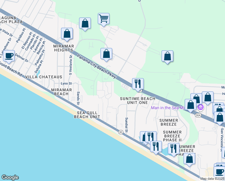 map of restaurants, bars, coffee shops, grocery stores, and more near in Panama City Beach