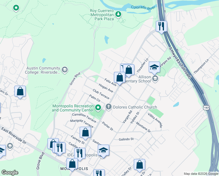 map of restaurants, bars, coffee shops, grocery stores, and more near 6205 Felix Avenue in Austin