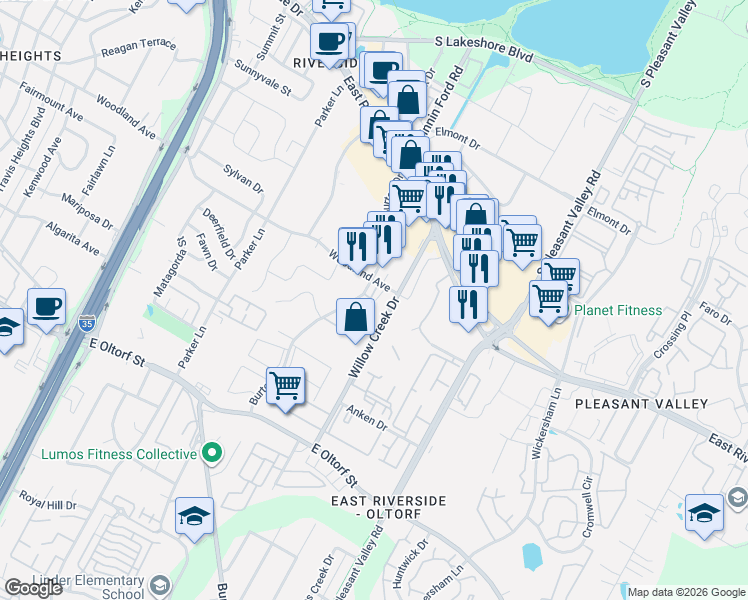 map of restaurants, bars, coffee shops, grocery stores, and more near 2221 Woodland Avenue in Austin