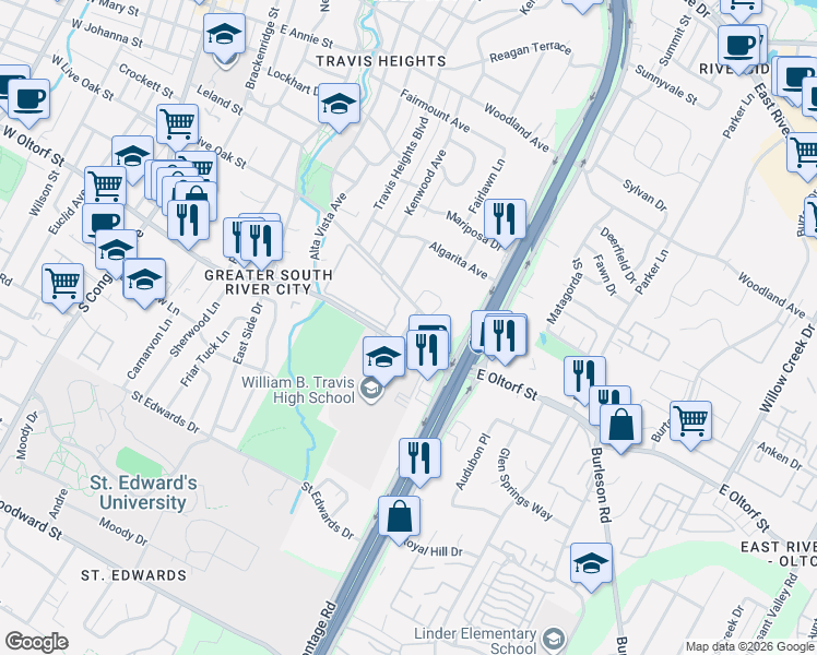 map of restaurants, bars, coffee shops, grocery stores, and more near 1213 East Live Oak Street in Austin