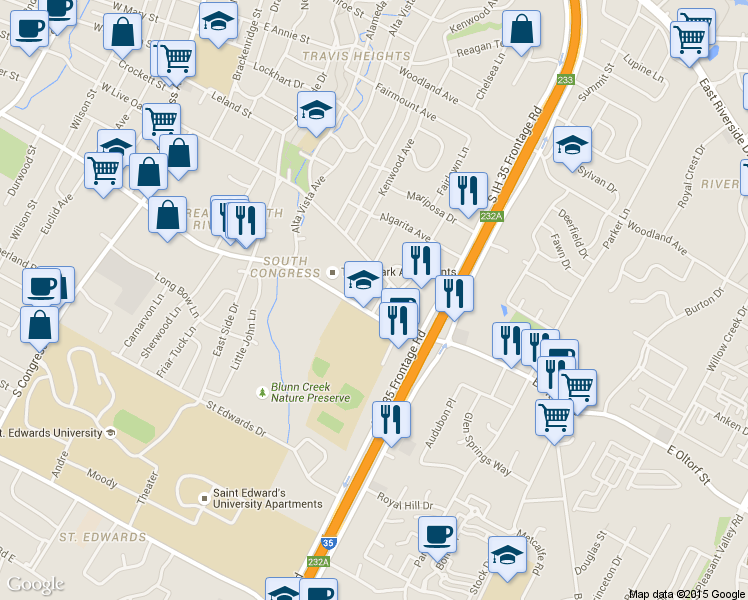 map of restaurants, bars, coffee shops, grocery stores, and more near 1213 East Live Oak Street in Austin