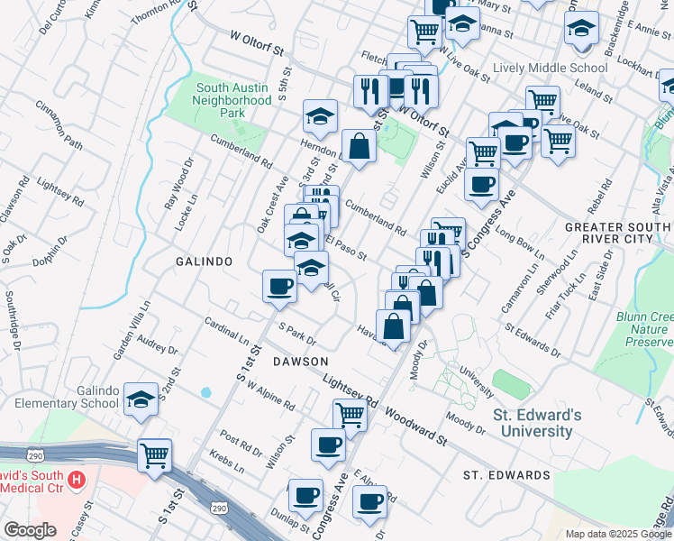 map of restaurants, bars, coffee shops, grocery stores, and more near 513 Sacramento Drive in Austin
