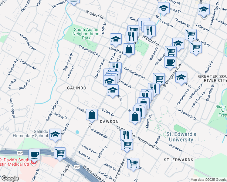 map of restaurants, bars, coffee shops, grocery stores, and more near 3000 South 1st Street in Austin