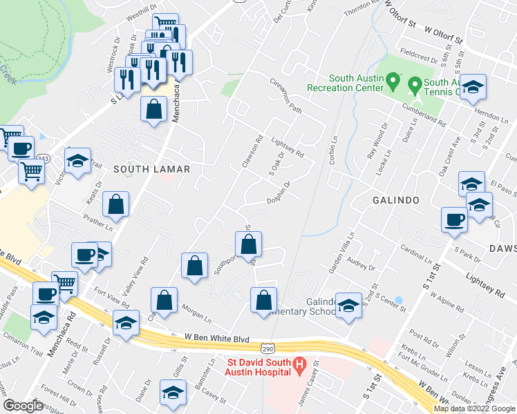 map of restaurants, bars, coffee shops, grocery stores, and more near 3406 Dolphin Drive in Austin