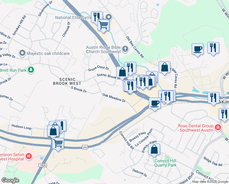 map of restaurants, bars, coffee shops, grocery stores, and more near 7303 Whispering Creek Circle in Austin