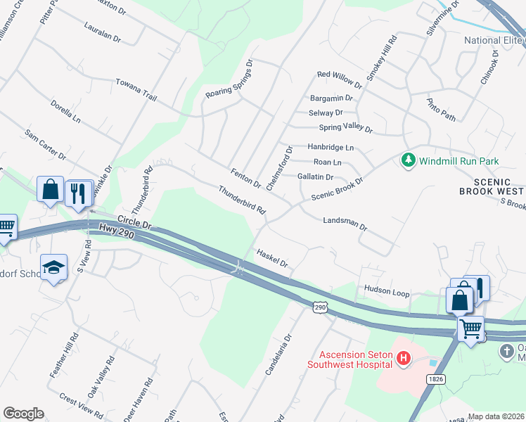 map of restaurants, bars, coffee shops, grocery stores, and more near 8602 Thunderbird Road in Austin