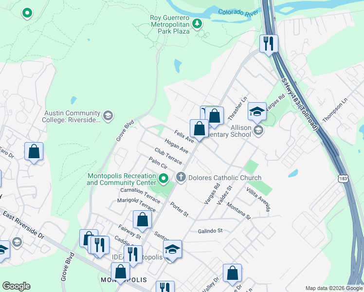 map of restaurants, bars, coffee shops, grocery stores, and more near 6205 Felix Avenue in Austin