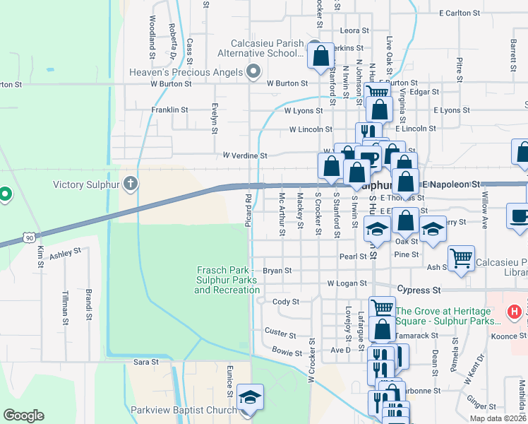 map of restaurants, bars, coffee shops, grocery stores, and more near 398 Mathew St in Sulphur