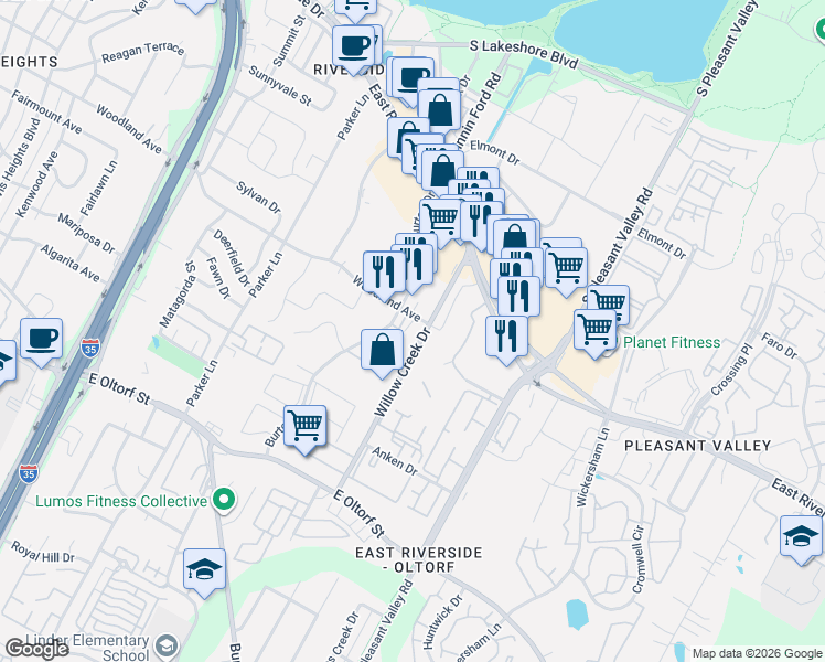 map of restaurants, bars, coffee shops, grocery stores, and more near 2221 Woodland Avenue in Austin