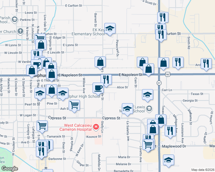 map of restaurants, bars, coffee shops, grocery stores, and more near 905 Elm St in Sulphur