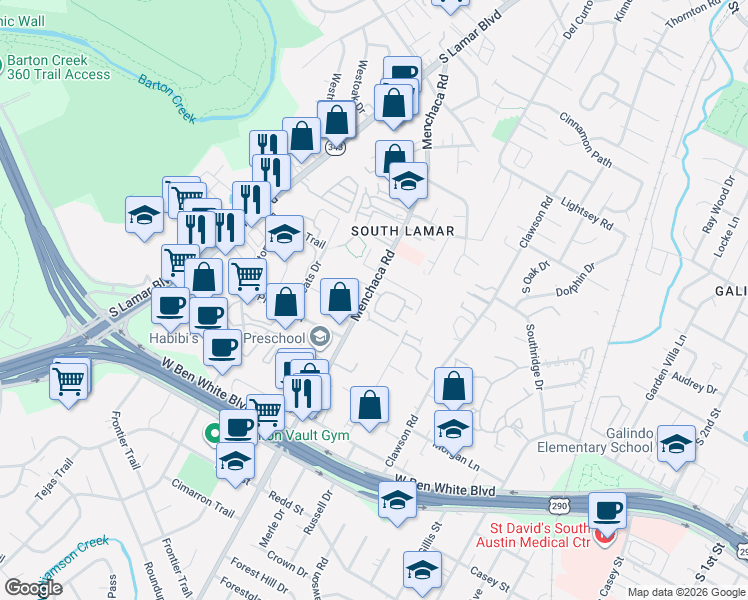 map of restaurants, bars, coffee shops, grocery stores, and more near 3809 Menchaca Road in Austin