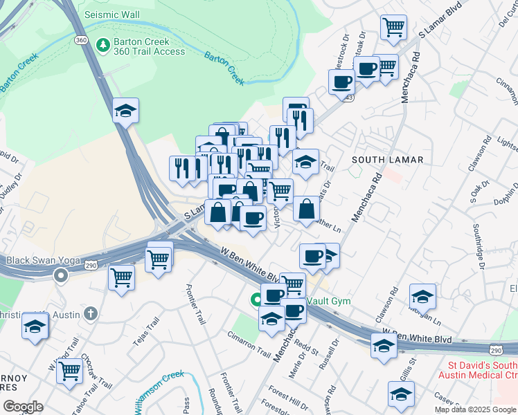 map of restaurants, bars, coffee shops, grocery stores, and more near 4001 South Lamar Boulevard in Austin
