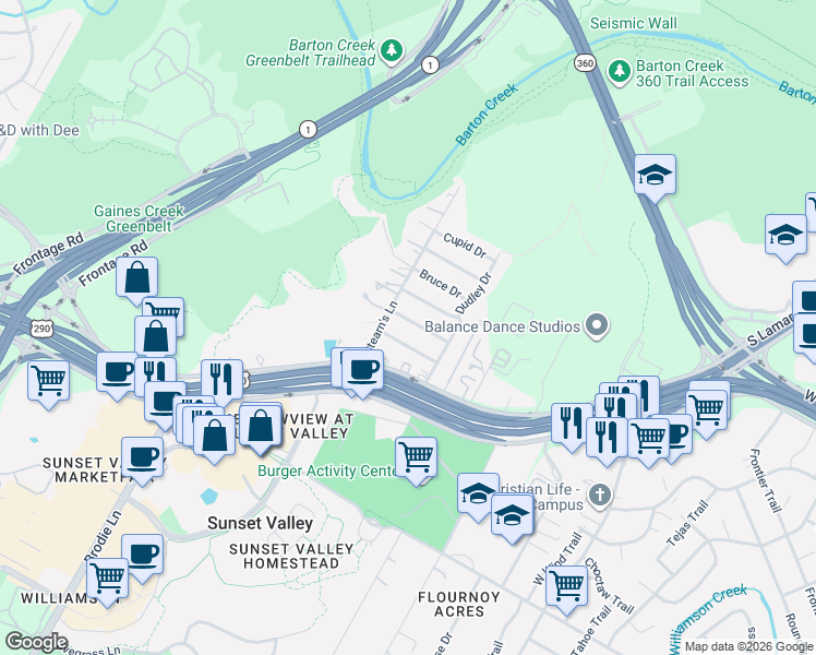 map of restaurants, bars, coffee shops, grocery stores, and more near 3210 John Campbells Trail in Austin