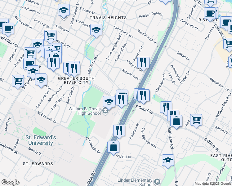 map of restaurants, bars, coffee shops, grocery stores, and more near 1213 East Live Oak Street in Austin