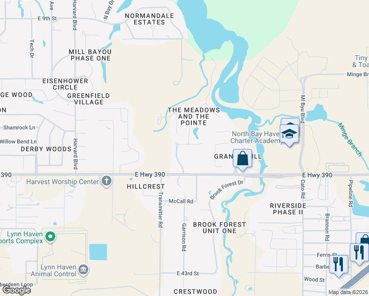 map of restaurants, bars, coffee shops, grocery stores, and more near 115 Lakeview Terrace in Lynn Haven