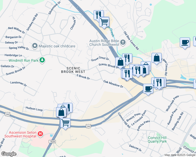 map of restaurants, bars, coffee shops, grocery stores, and more near 7102 South Brook Drive in Austin