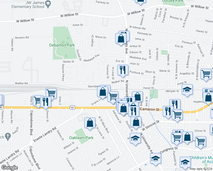 map of restaurants, bars, coffee shops, grocery stores, and more near 103 Ford Drive in Lafayette