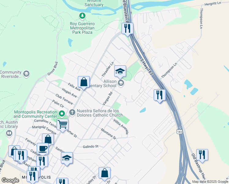 map of restaurants, bars, coffee shops, grocery stores, and more near 701 Vargas Road in Austin