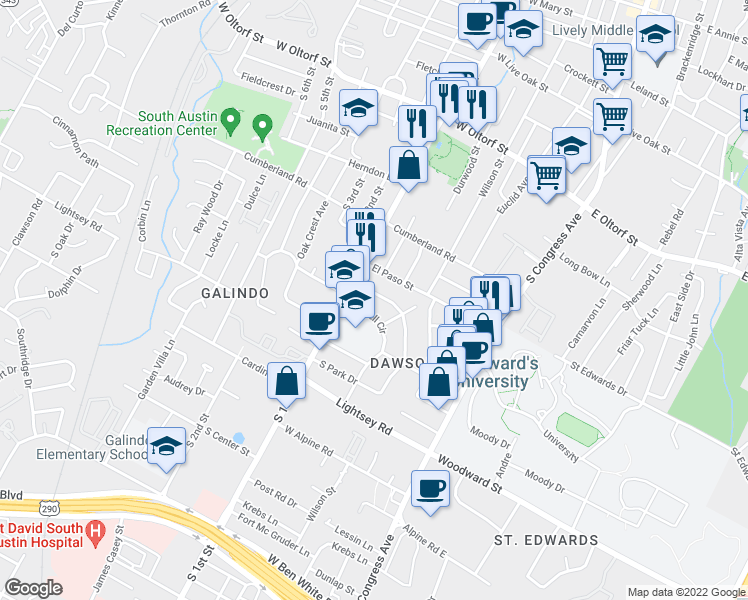 map of restaurants, bars, coffee shops, grocery stores, and more near 513 Sacramento Drive in Austin