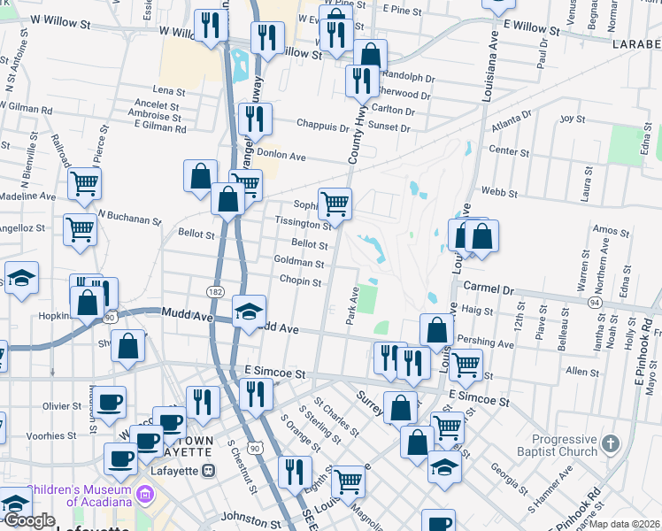 map of restaurants, bars, coffee shops, grocery stores, and more near 629 Goldman Street in Lafayette