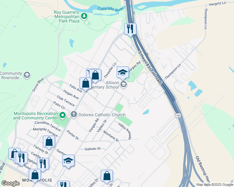 map of restaurants, bars, coffee shops, grocery stores, and more near 701 Vargas Road in Austin