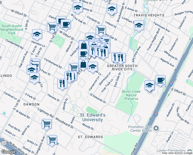 map of restaurants, bars, coffee shops, grocery stores, and more near 2515 South Congress Avenue in Austin