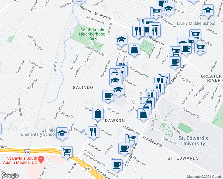 map of restaurants, bars, coffee shops, grocery stores, and more near 3000 South 1st Street in Austin