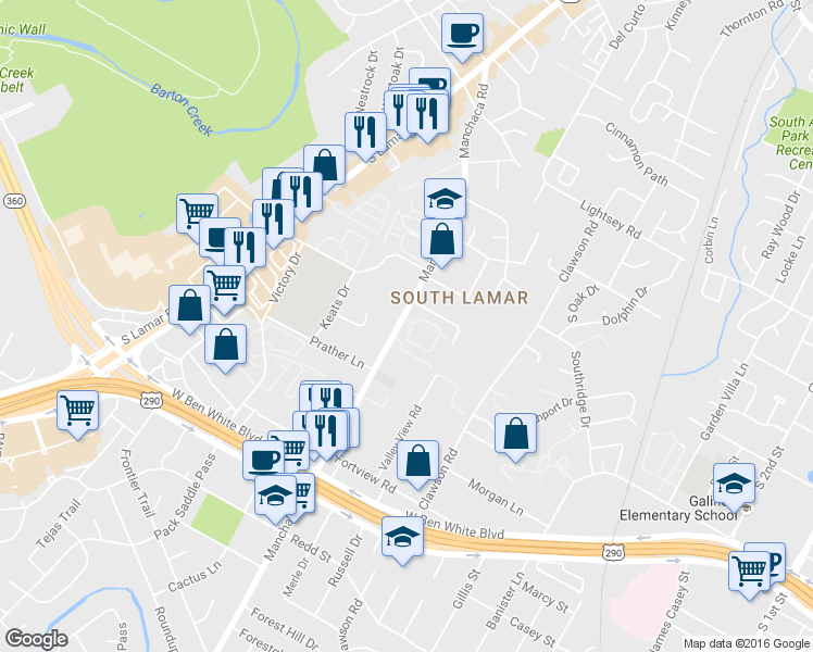 map of restaurants, bars, coffee shops, grocery stores, and more near 3804 Manchaca Road in Austin