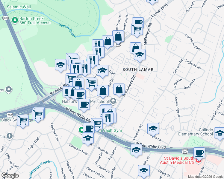 map of restaurants, bars, coffee shops, grocery stores, and more near 2102 Wordsworth Drive in Austin