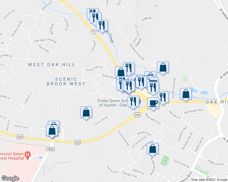 map of restaurants, bars, coffee shops, grocery stores, and more near 7303 Whispering Creek Circle in Austin