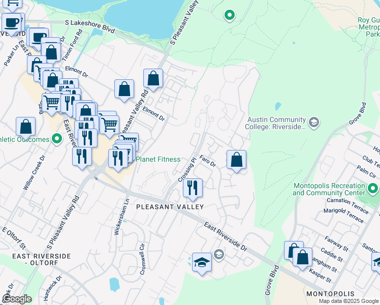 map of restaurants, bars, coffee shops, grocery stores, and more near 1500 Crossing Place in Austin