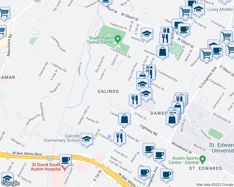 map of restaurants, bars, coffee shops, grocery stores, and more near 3015 South 4th Street in Austin