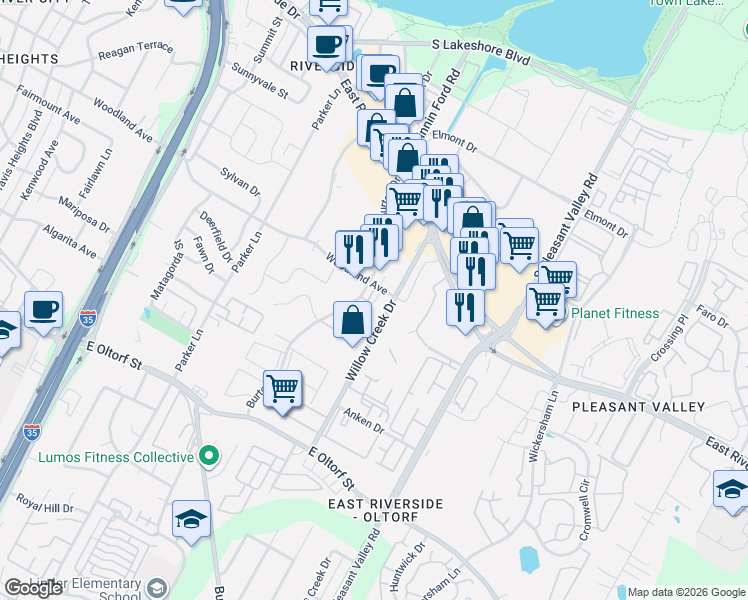map of restaurants, bars, coffee shops, grocery stores, and more near 2221 Woodland Avenue in Austin