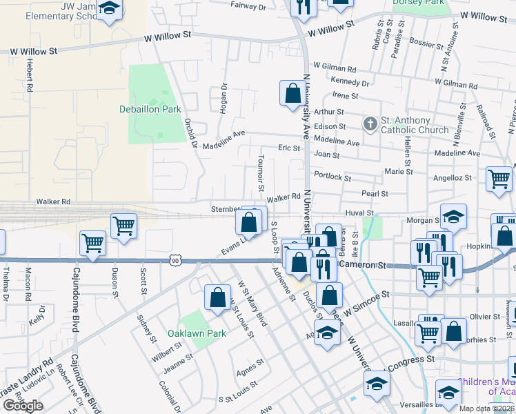 map of restaurants, bars, coffee shops, grocery stores, and more near 105 Walker Road in Lafayette